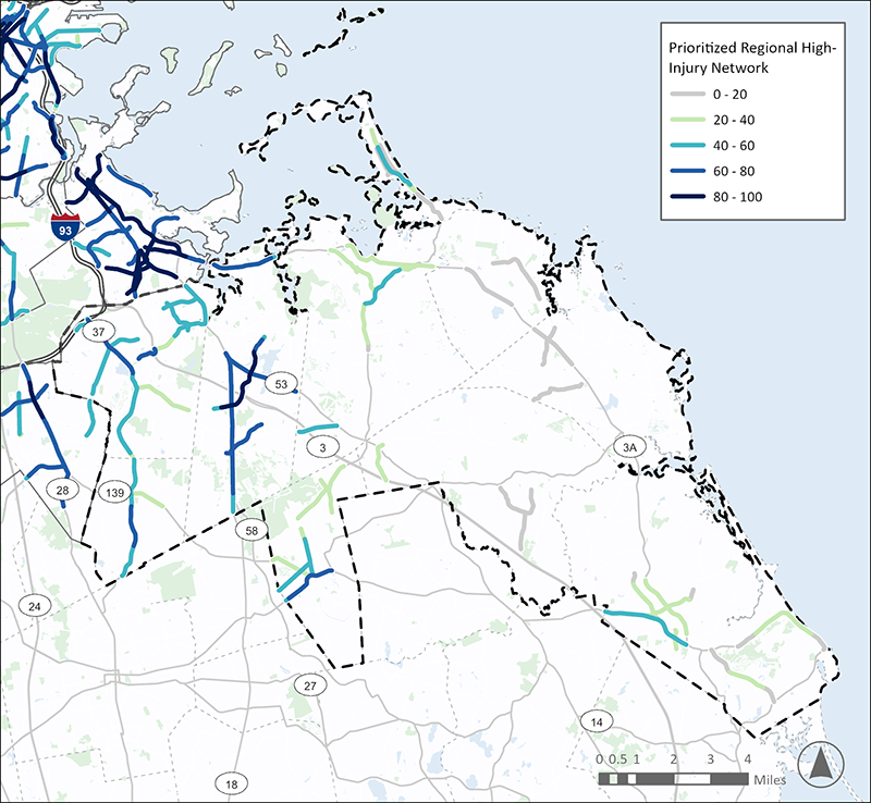 A map of the South Shore Coalition (SSC) Subregion, consisting of the coastal communities southeast of Boston. A Prioritized Regional High Injury Network, consisting of highlighted highest-scoring roadway segments, is overlayed on the map. This area has high-scoring segments in Quincy, Randolph, Brockton, Braintree, Marshfield, and Nantasket Beach.